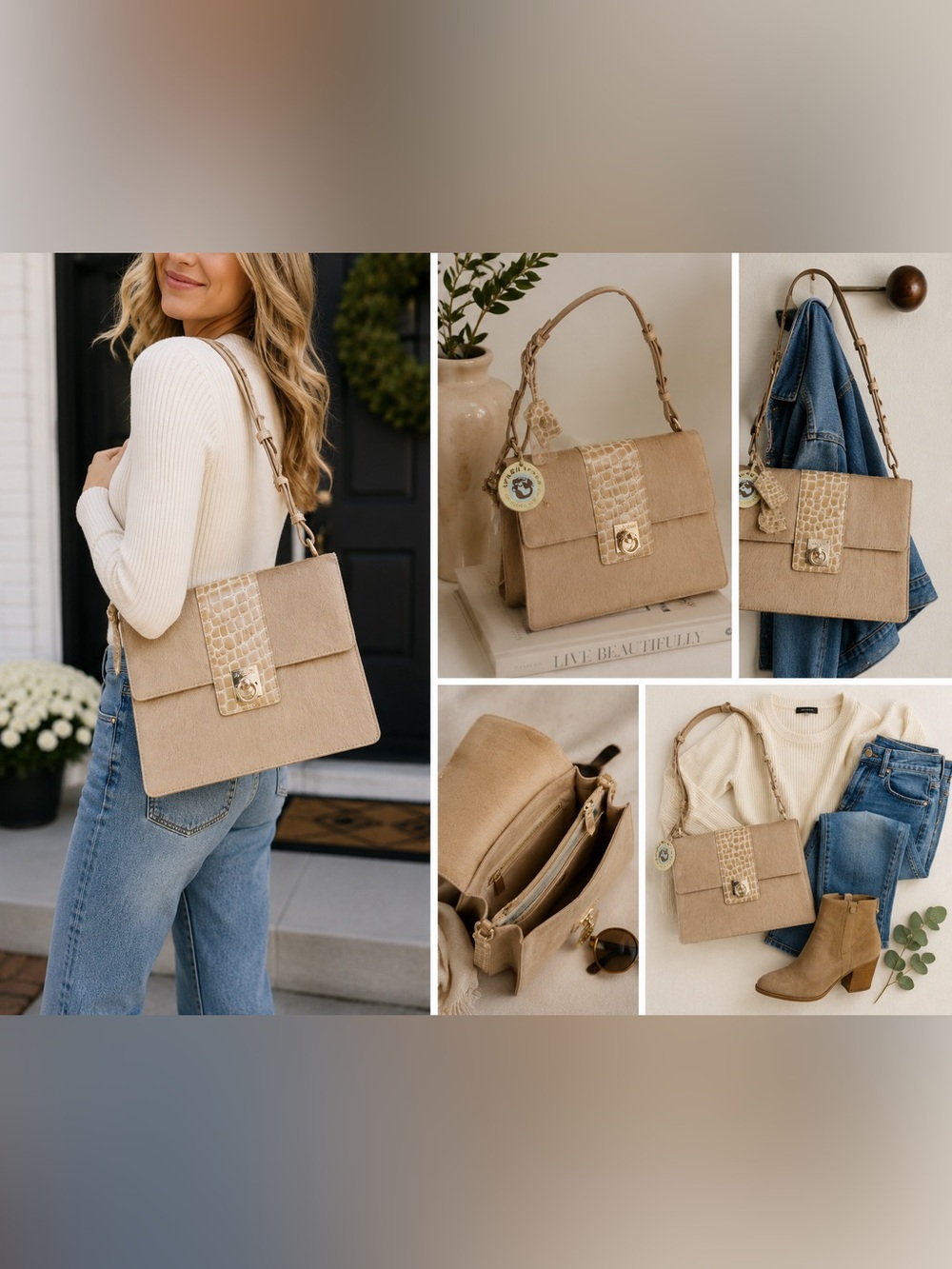 NWT Spartina 449 Blonde calf hair Croc-Embossed Flap Shoulder Bag with key chain - Picture 8 of 15
